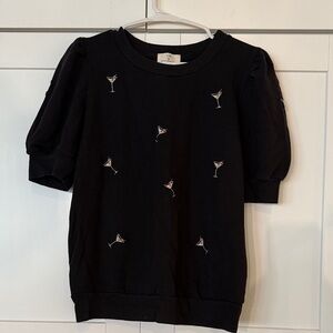 Black Puff Sleeve Sweatshirt with Cocktail Embroidery